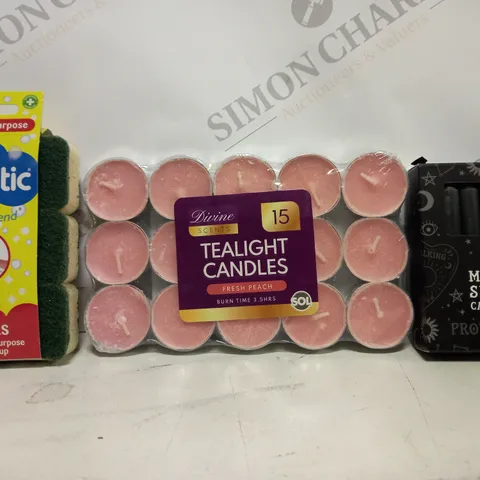 APPROXIMATELY 10 ASSORTED HOUSEHOLD ITEMS TO INCLUDE DISH MATIC, TEALIGHT CANDLES, MAGIC SPELL CANDLES, ETC