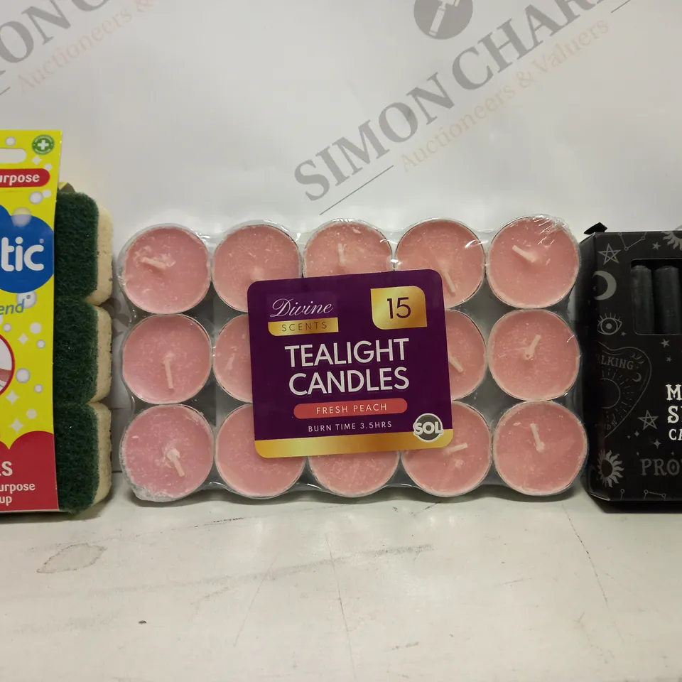 APPROXIMATELY 10 ASSORTED HOUSEHOLD ITEMS TO INCLUDE DISH MATIC, TEALIGHT CANDLES, MAGIC SPELL CANDLES, ETC