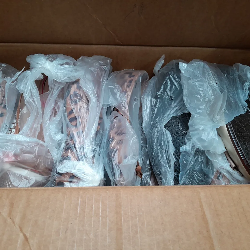 BOX OF APPROX 40 ASSORTED SLIP ON SHOES IN VARIOUS SIZES & COLOURS