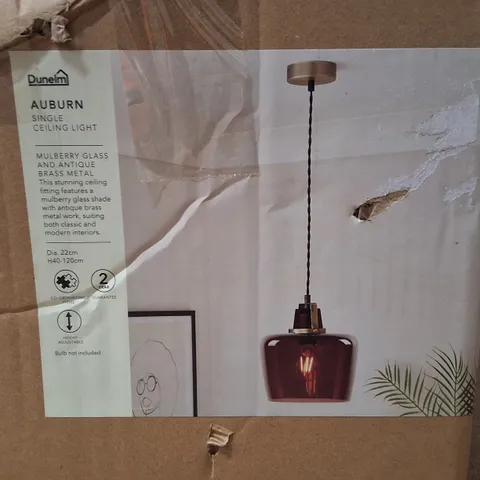 BOXED DUNELM AUBURN SINGLE CEILING LIGHT – MULBERRY GLASS & ANTIQUE BRASS