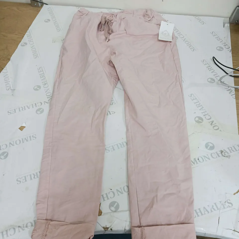 PAIR ITALIAN PINK FABRIC TROUSERS WITH ELASTICATED WAIST NO SIZE SPECIFIED