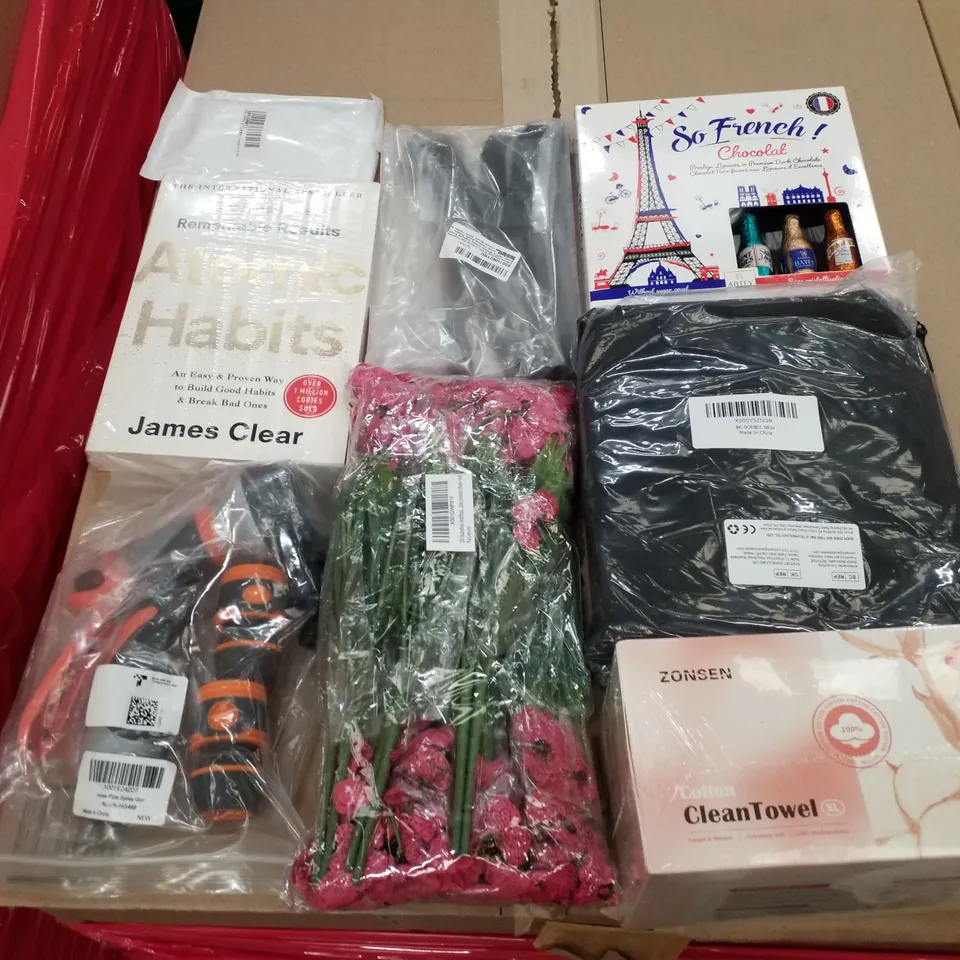 PALLET OF 6 BOXES CONTAINING ASSORTED PRODUCTS INCLUDING COTTON CLEAN TOWEL, LIQUEUR CHOCOLATES, ATOMIC HABITATS BOOK, HOSE PIPE SPRAY GUN, ARTIFICIAL FLOWERS