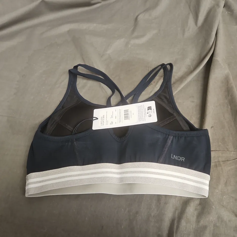 LNDR SPORTS BRA – NAVY WITH STRIPED UNDERBAND SIZE M