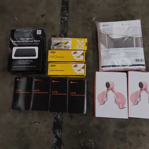 PALLET TO CONTAIN ASSORTED HOUSEHOLD ITEMS AND CONSUMER PRODUCTS. INCLUDING PHONE CASES, BRASS WIRE BRUSHES, WATERPROOF MASSAGE SHEET, MATTRESS COVER ETC