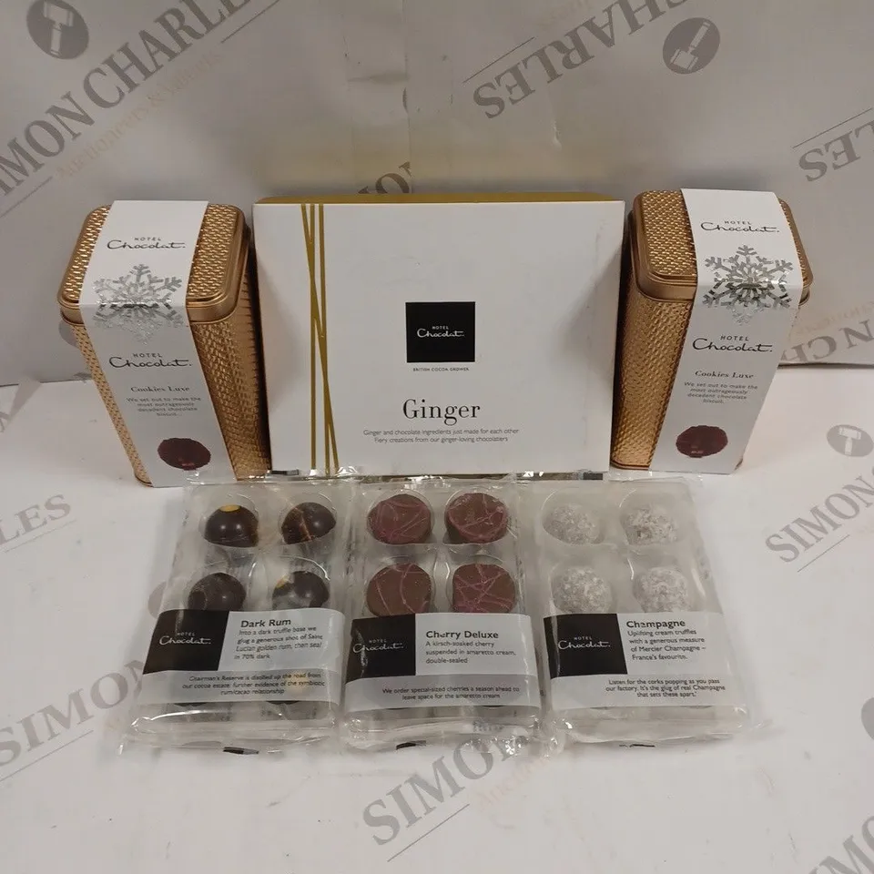 6 X HOTEL CHOCOLAT SELECTIONS TO INCLUDE COOKIES, DARK RUM, GINGER ETC 