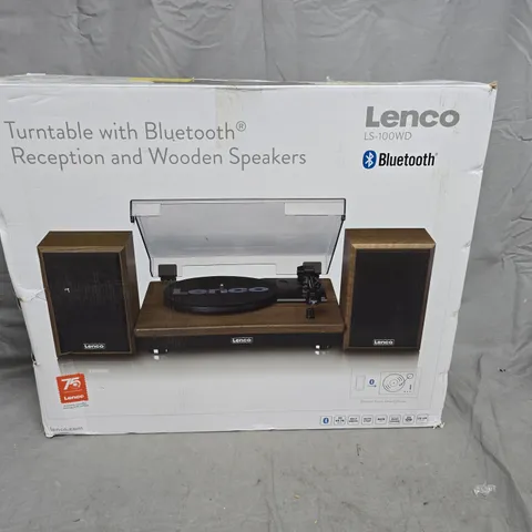 BOXED LENCO LS-100WD TURNTABLE WITH BLUETOOTH RECEPTION AND WOODEN SPEAKERS