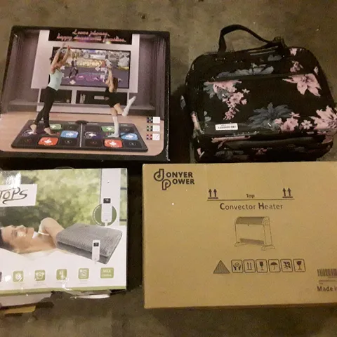 PALLET OF ASSORTED PRODUCTS INCLUDING CONVECTOR HEATER, ELECTRIC HEATED THROW, DANCE MAT, CARRY ON BAG, BATH RUGS