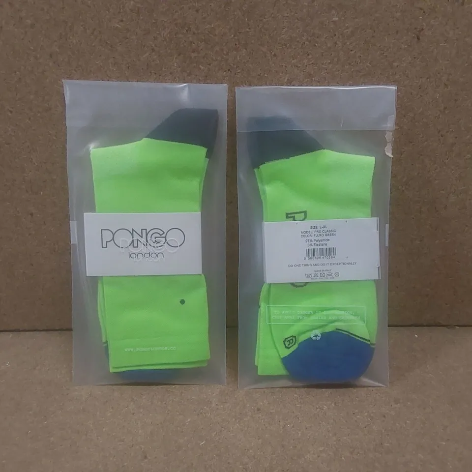 BOX TO CONTAIN APPROX 100 BRAND NEW PAIRS OF PONGO LONDON CYCLING SOCKS - FLURO GREEN // SIZE: L-XL // 1 PAIR PER PACK