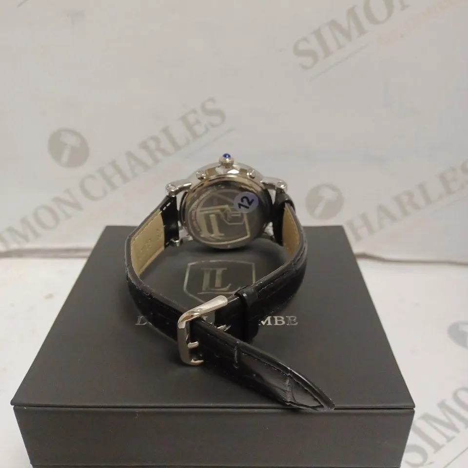MENS LOUIS LACOMB WATCH WITH ROMAN NUMERALS – SUB DIALS WITH DATE – STAINLESS STEEL FACE – LEATHER STRAP – 3ATM WATER RESISTANT 