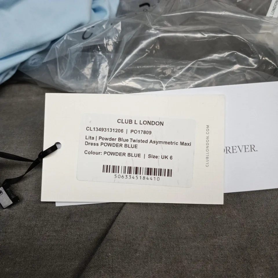 CLUB L LONDON LITA POWDER BLUE TWISTED ASYMMETRIC MAXI DRESS – UK 6