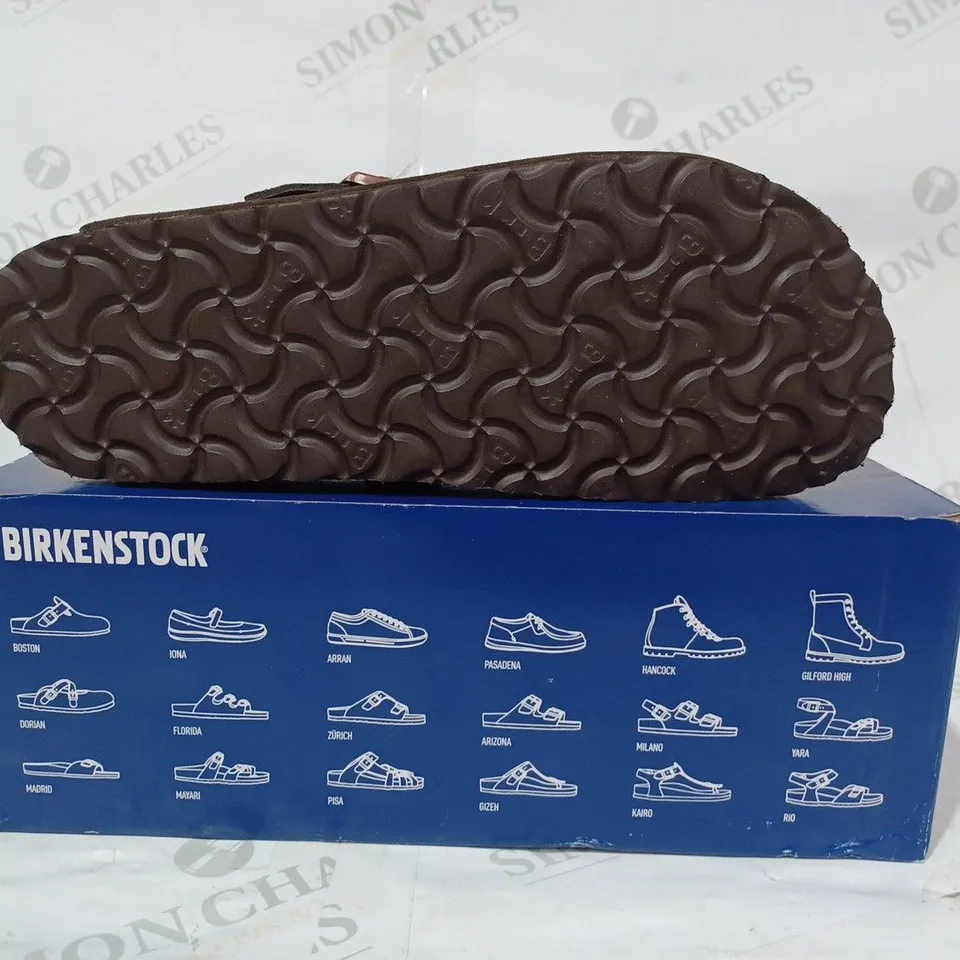 BOXED PAIR OF BIRKENSTOCK FAUX SUEDE SLIP-ON SHOES IN BROWN EU SIZE 44