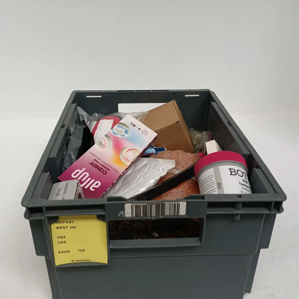 TOTE OF APPROXIMATELY 15 ASSORTED ITEMS TO INCLUDE BOTZ CRAFT SUPPLIES, AIR UP CANDY, DIGITAL LEVER BOX, BALLOPOINT PEN ETC