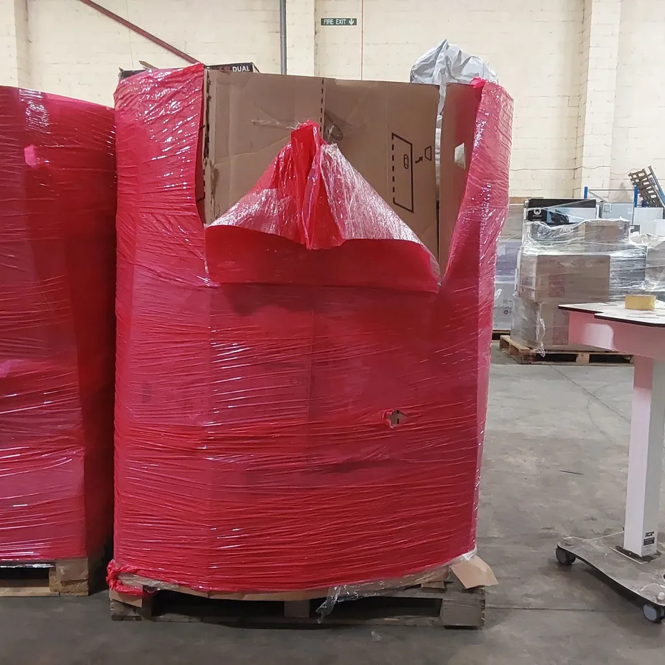 PALLET OF ASSORTED CONSUMER PRODUCTS TO INCLUDE: BIKE RACK, AIR FRYER, OFFICE CHAIR, RETRACTABLE GATE, WOODEN TRIPOD EASEL ECT