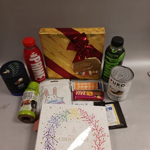 APPROXIMATELY 15 ASSORTED FOOD/DRINK PRODUCTS TO INCLUDE LINDOR SELECTION, PRIME HYDRATION DRINK, CHAMPAGNE TRUFFLES ETC 