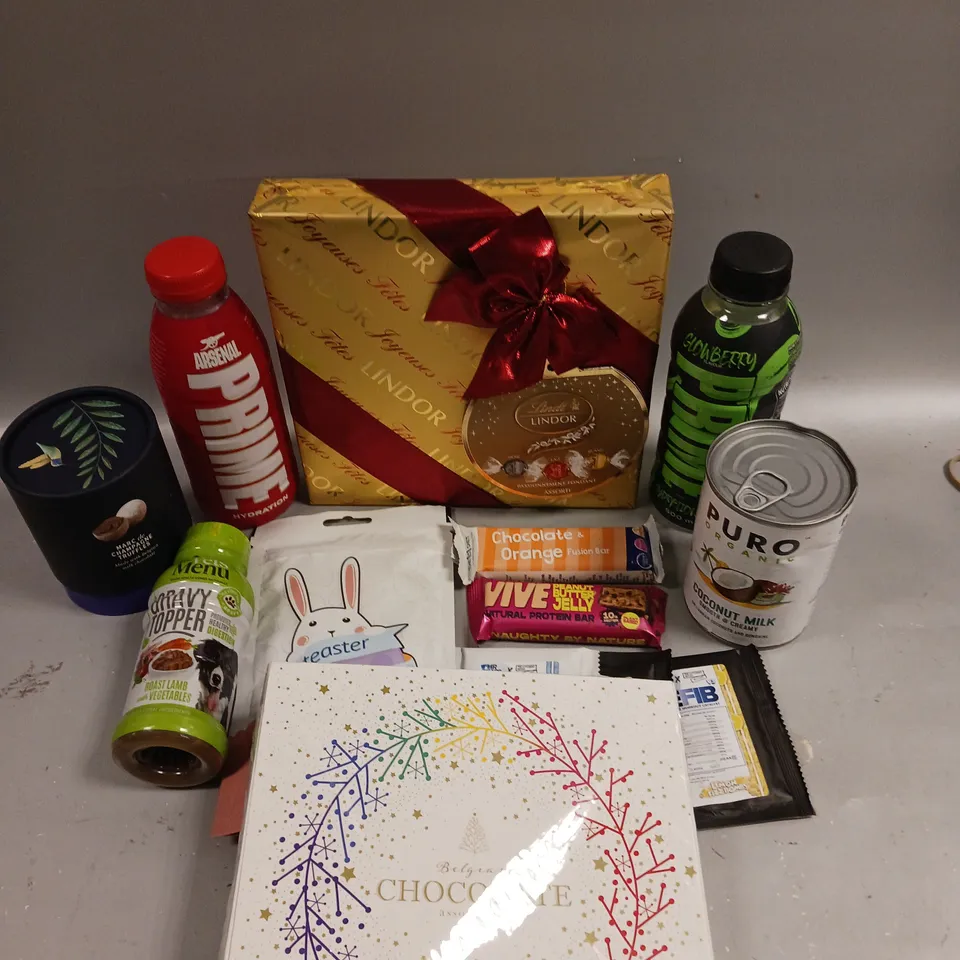 APPROXIMATELY 15 ASSORTED FOOD/DRINK PRODUCTS TO INCLUDE LINDOR SELECTION, PRIME HYDRATION DRINK, CHAMPAGNE TRUFFLES ETC 