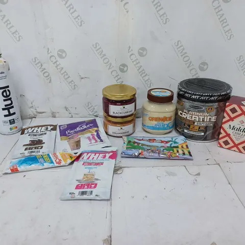 ASSORTED FOOD TOTE TO INCLUDE GRENADE PROTIEN SPREAD, PLATIMUM CREATINE, AND WHEY ADVANCED PROTEIN ETC.