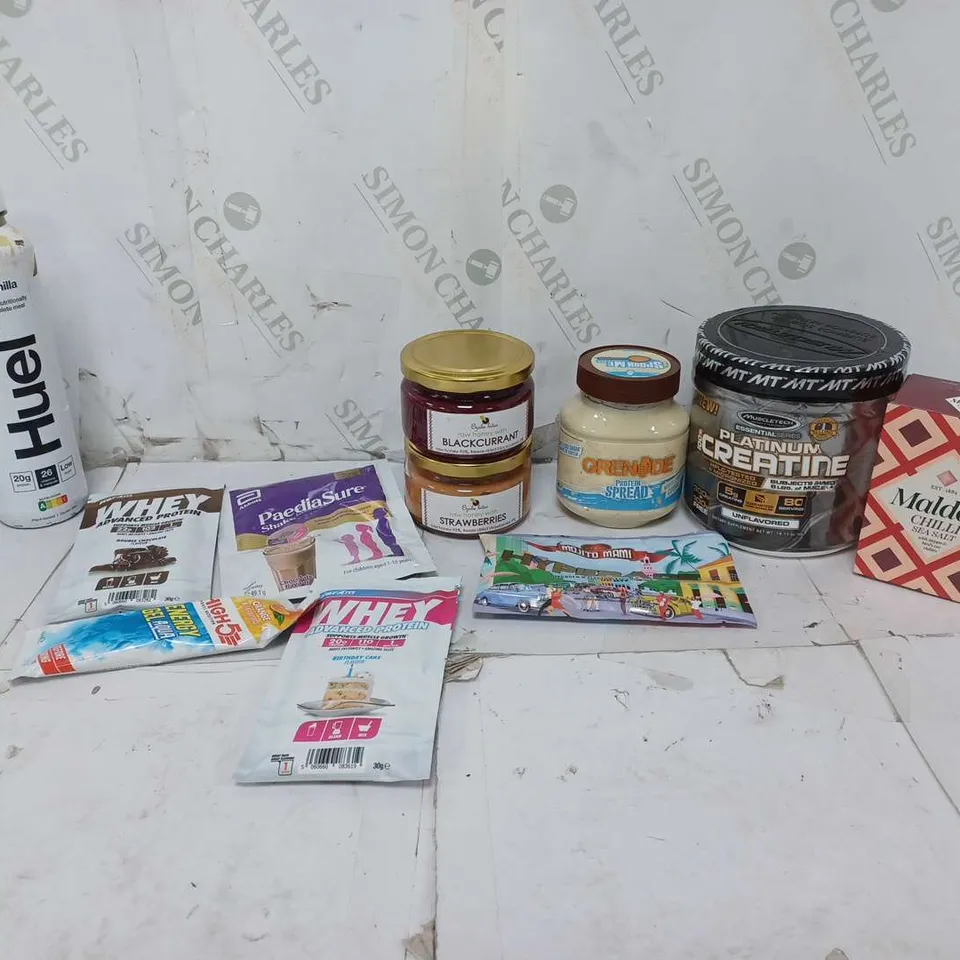 ASSORTED FOOD TOTE TO INCLUDE GRENADE PROTIEN SPREAD, PLATIMUM CREATINE, AND WHEY ADVANCED PROTEIN ETC.