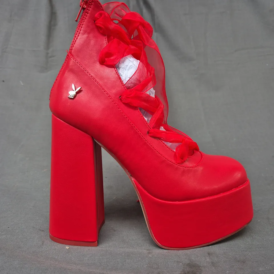 BOXED PAIR OF KOI PLAYBOY INFIDELITY RED LACE UP PLATFORM BLOCK HEELS UK SIZE 4