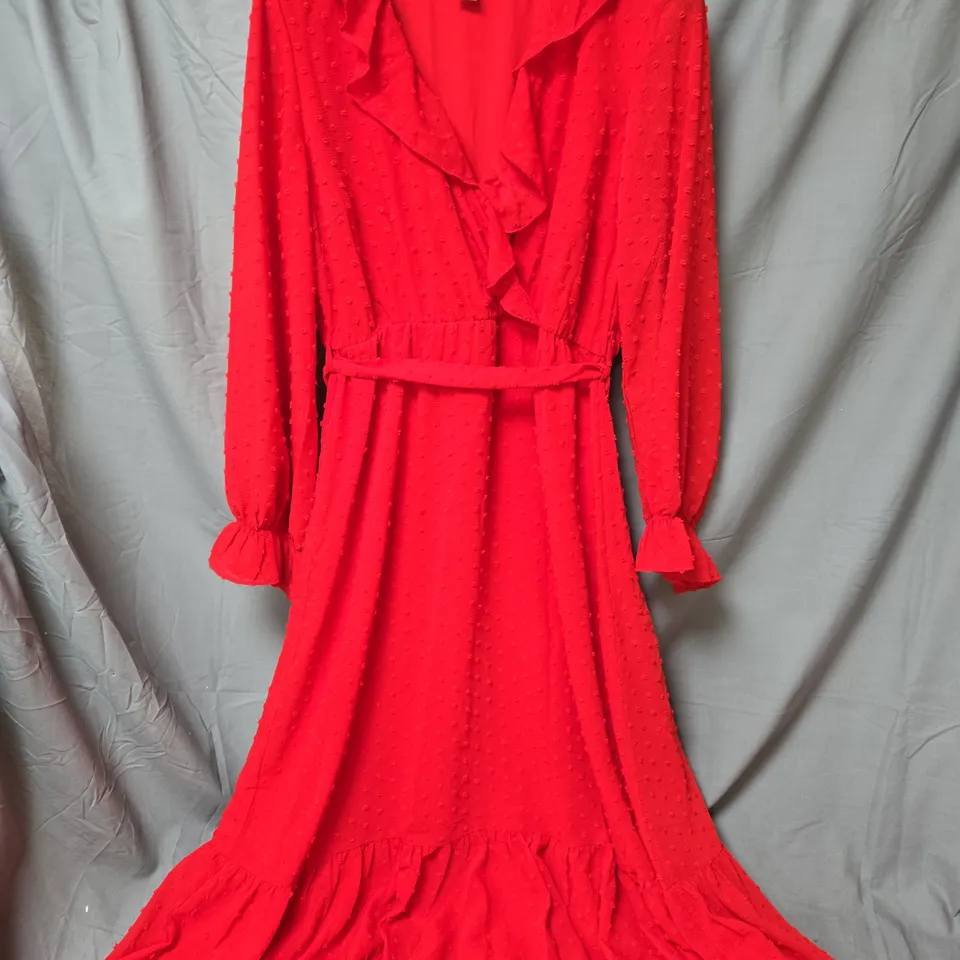 FINERY RED DRESS WITH RUFFLE FRONT – SIZE 10