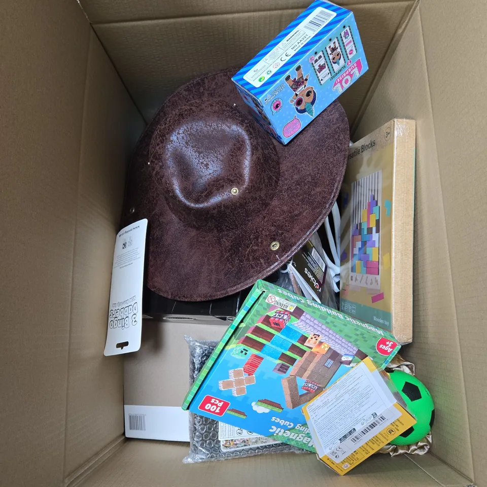 BOX OF APPROXIMATELY 25 ASSORTED TOYS AND GAMES INCLUDING FOOTBALL, MAGNETIC BUILDING CUBES, LOL SUPRPRISE BOY SERIES, ACRYLIC PAINT MARKERS AND VERSATILE BLOCKS PUZZLE