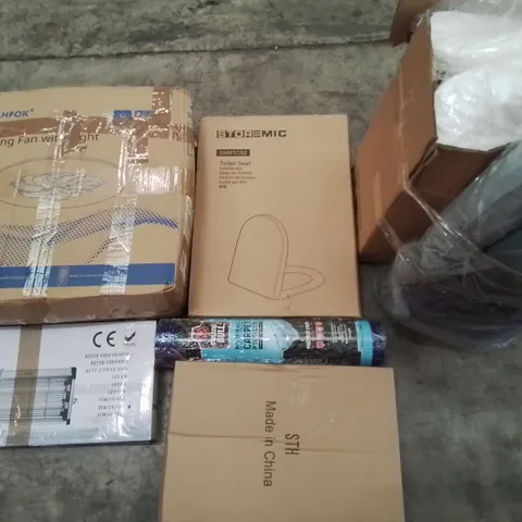 PALLET OF ASSORTED HOUSEHOLD ITEMS TO INCLUDE HANLIM SPEAKER SYSTEM, INSECT KILLER, CEILING FAN AND TOILET SEAT