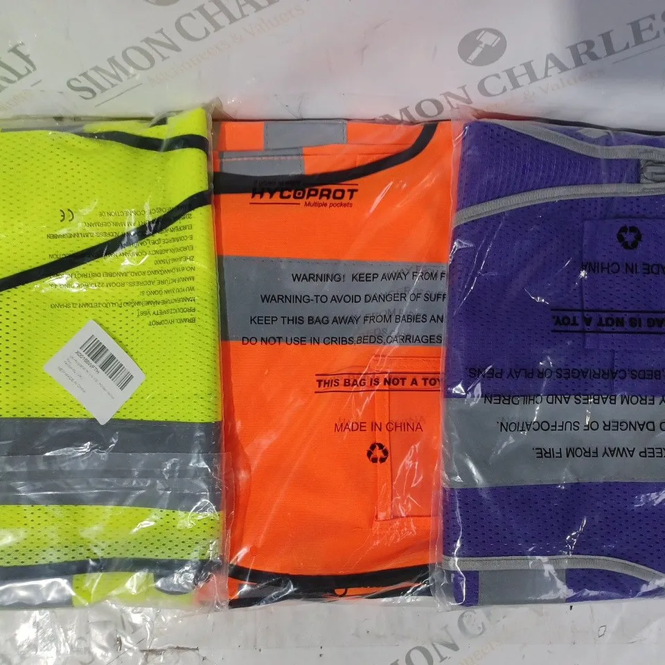 APPROXIMATELY 5 ASSORTED HI-VIS SAFETY VESTS IN VARIOUS COLOURS AND SIZES