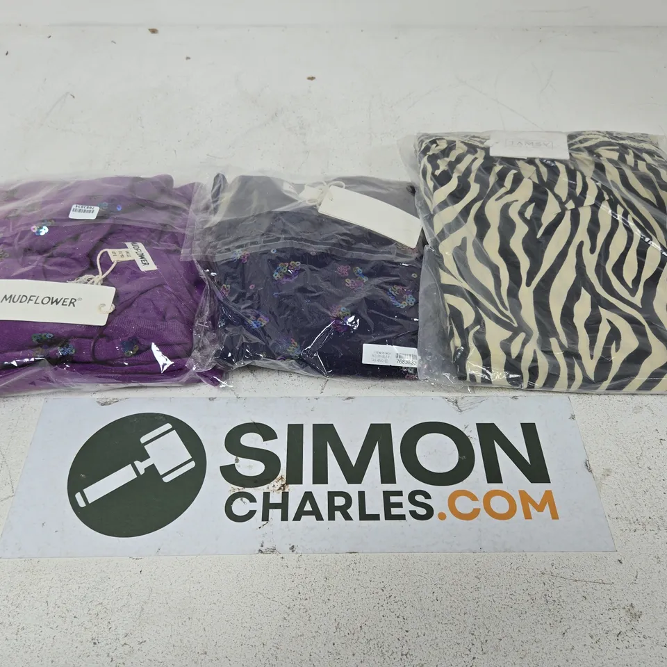 LARGE BOX OF APPROX 10 ASSORTED CLOTHING ITEMS IN VARIOUS STYLES , COLORS AND SIZES