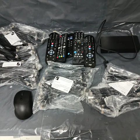 BOX OF APPROXIMATELY 8 ASSORTED ITEMS TO INCLUDE - WIRELESS MOUSE, PATCH CORDS, AND REMOTES ETC. 