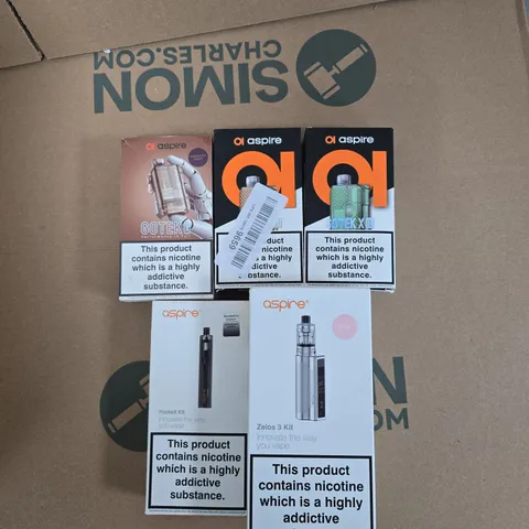 BOX OF APPROXIMATELY 30 ASSORTED E-CIGARETTES AND ACCOMPANIMENTS TO INCLUDE: VARIOUS ASPIRE PRODUCTS 