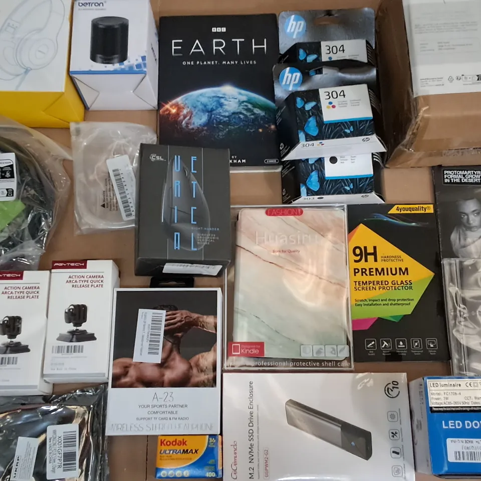 LARGE QUANTITY OF ASSORTED ITEMS TO INCLUDE HP PRINTER INKS, WIRELESS HEADPHONES AND 5M ETHERNET CABLE