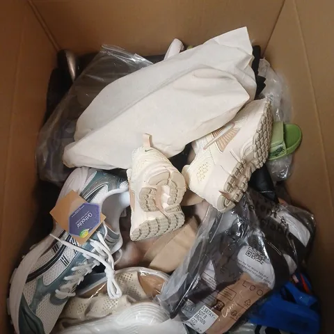 BOX OF APPROXIMATELY 12 PAIRS OF ASSORTED SHOES IN VARIOUS STYLES , COLOURS AND SIZES