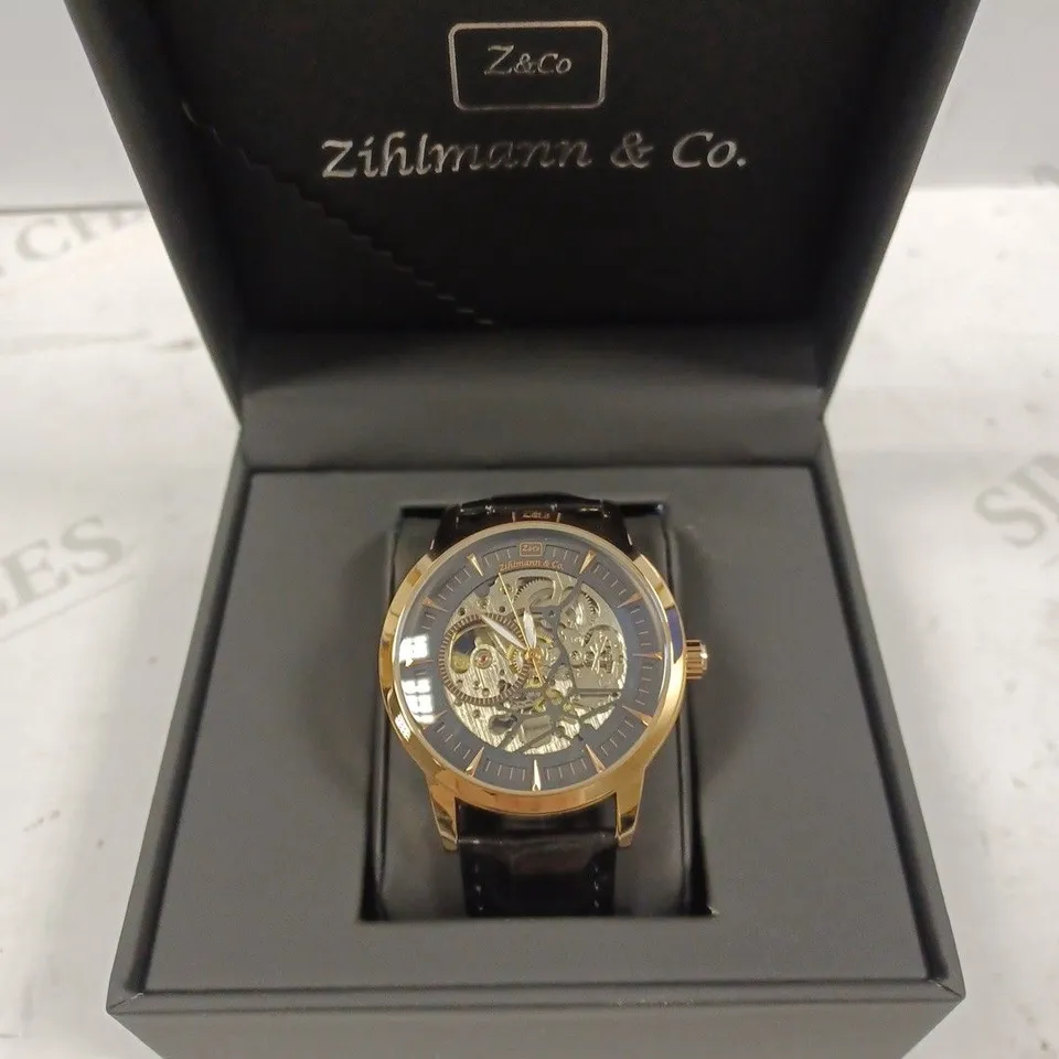 ZIHLMANN & CO GOLD EFFECT SKELETON BLACK LEATHER STRAP WRISTWATCH
