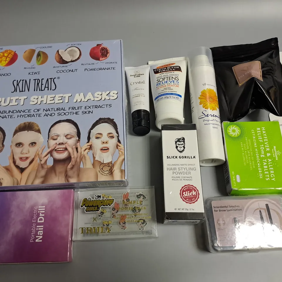 LOT OF 15 ASSORTED HEALTH AND BEAUTY ITEMS TO INCLUDE ELECTRIC NAIL DRILLM TATTOO NUMBING CREAM AND SLICK GORILLA HAIR STYLING POWDER