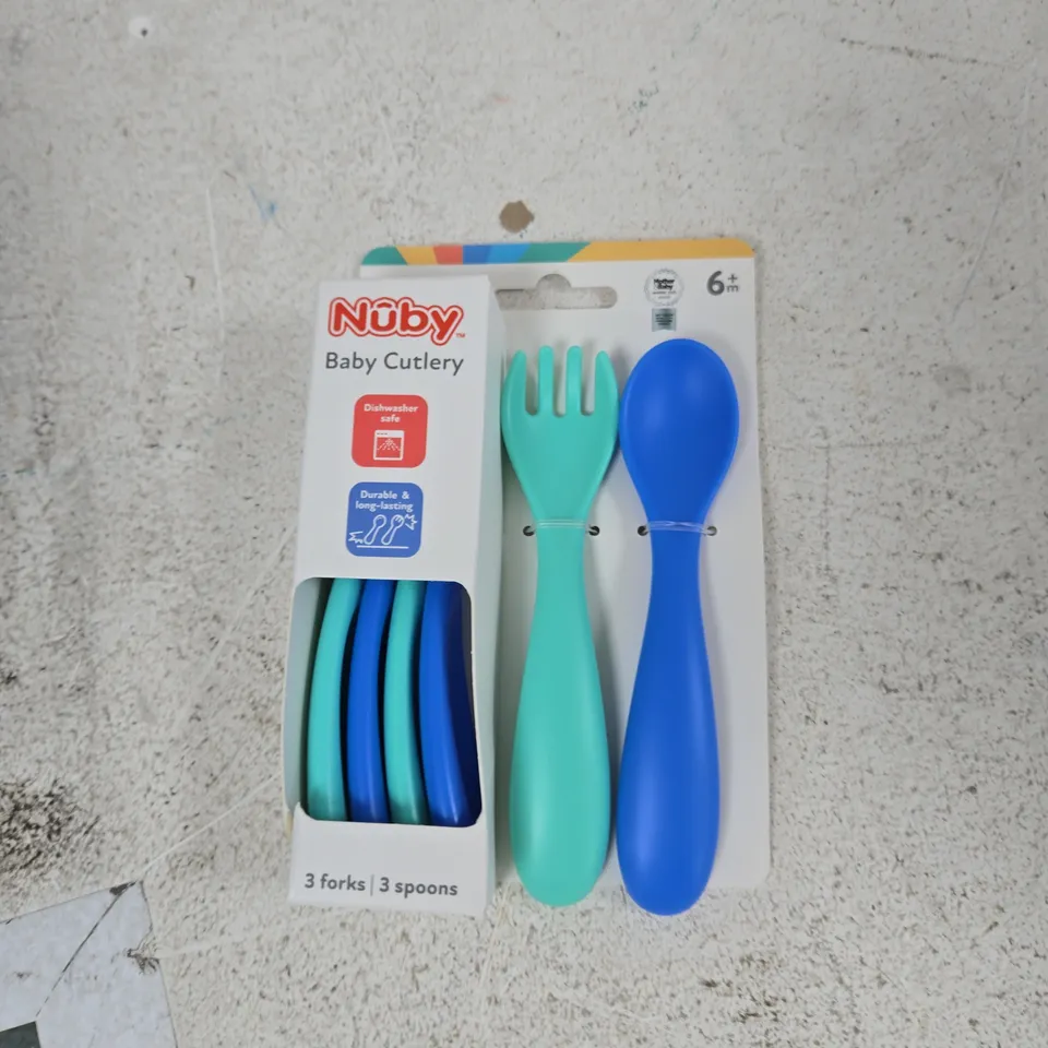 TOTE OF APPROXIMATELY 12 ASSORTED ITEMS TO INCLUDE: NUBY BABY CUTLERY