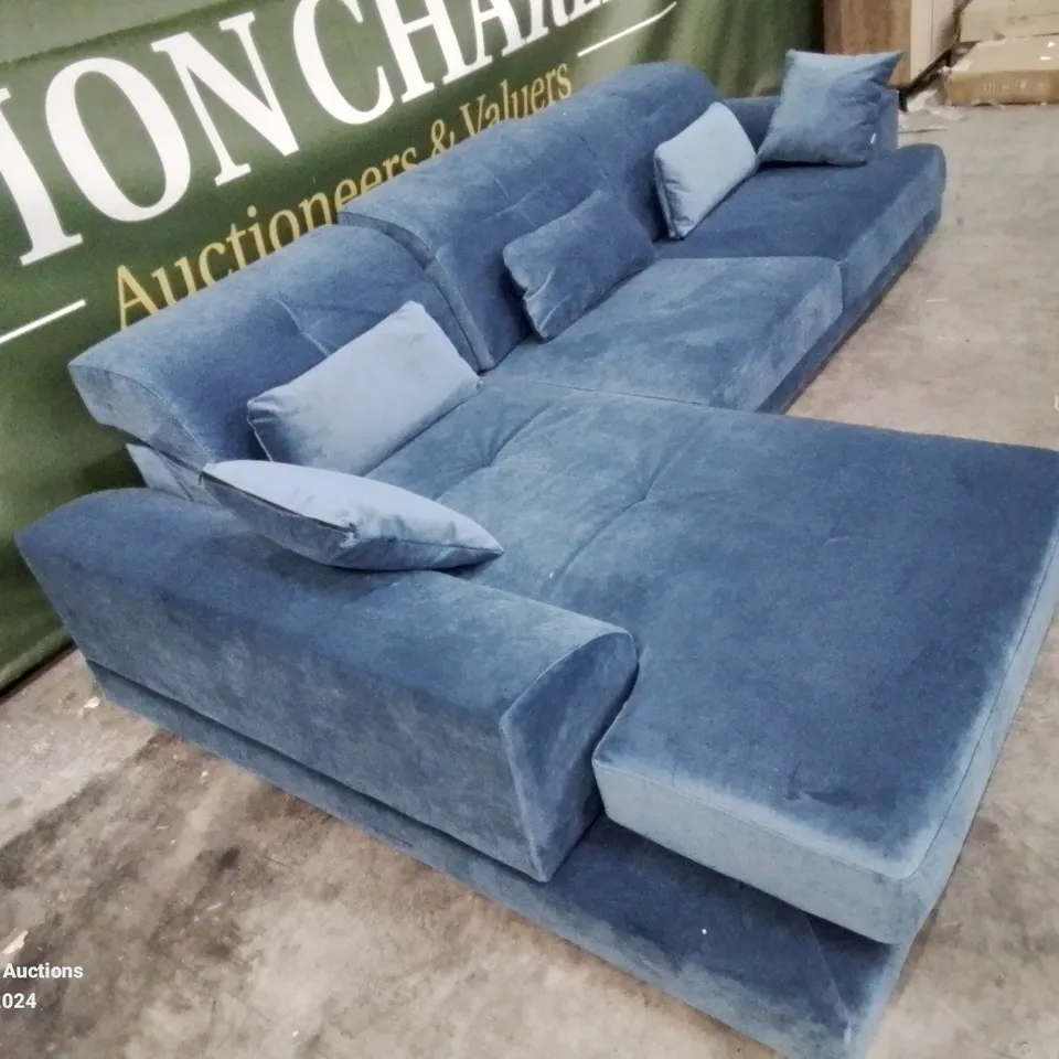 DESIGNER BLUE FABRIC LARGE CHAISE SOFA 