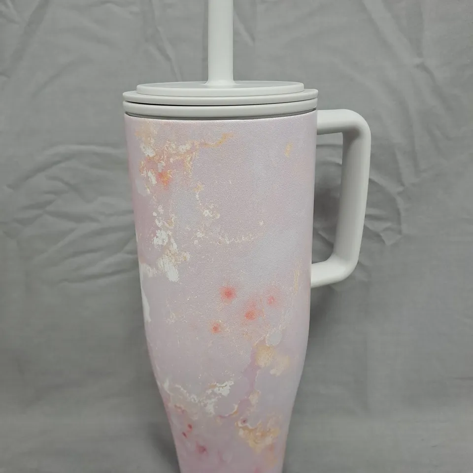 BURGA TRAVEL MUG – PINK MARBLE PATTERN WITH WHITE LID AND STRAW