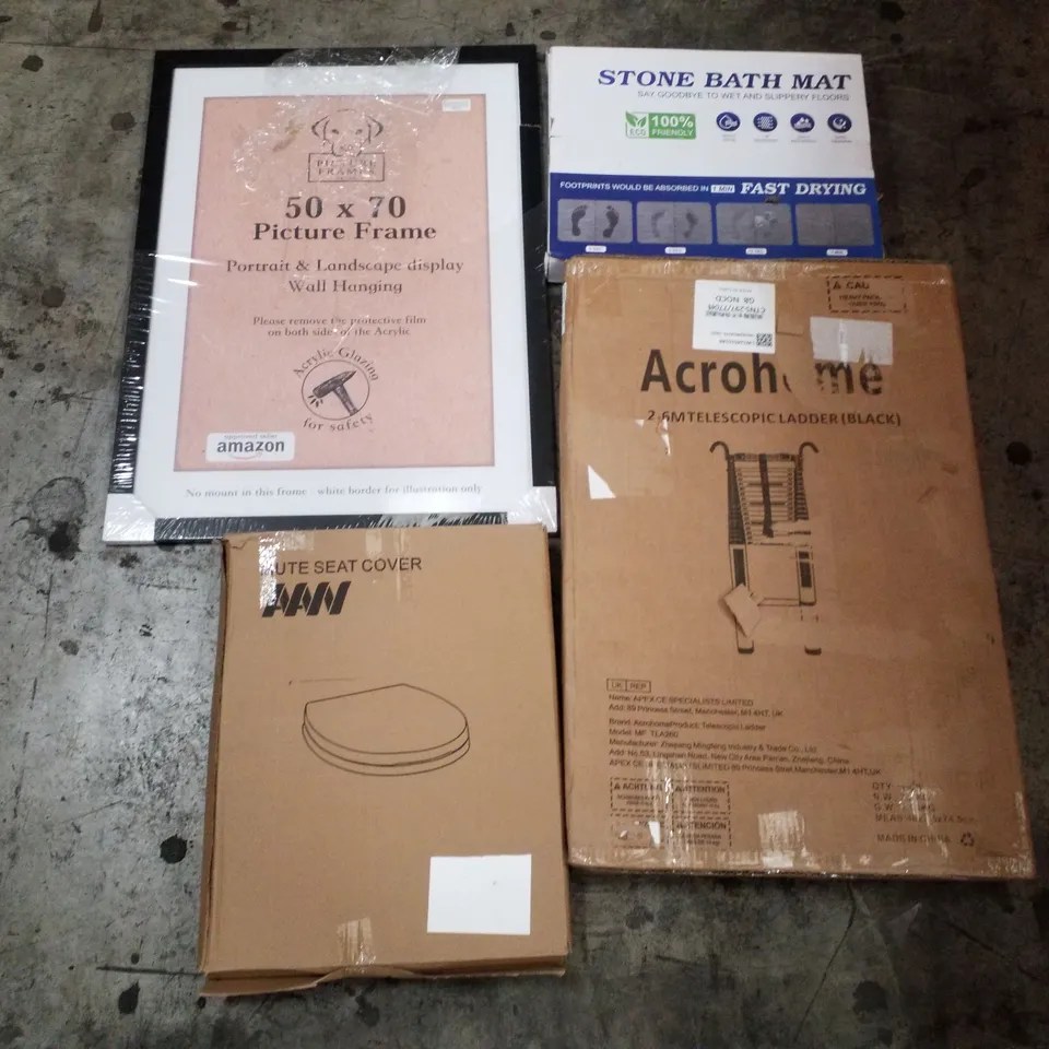 PALLET OF ASSORTED PRODUCTS INCLUDING PICTURE FRAME, STONE BATH MAT, TOILET SEAT, 2.6M TELESCOPIC LADDER, DRESS MIRROR