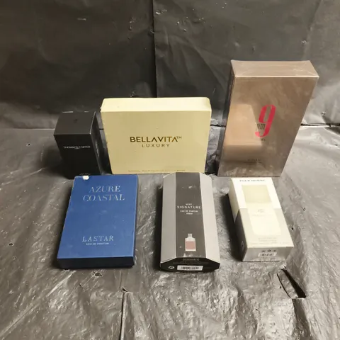 APPROXIMATELY 6 ASSORTED BOXED FRAGRANCES TO INCLUDE - 9PM AFNAN - BELLAVITA LUXURY -  AZURE COASTAL LASTAR, ETC.