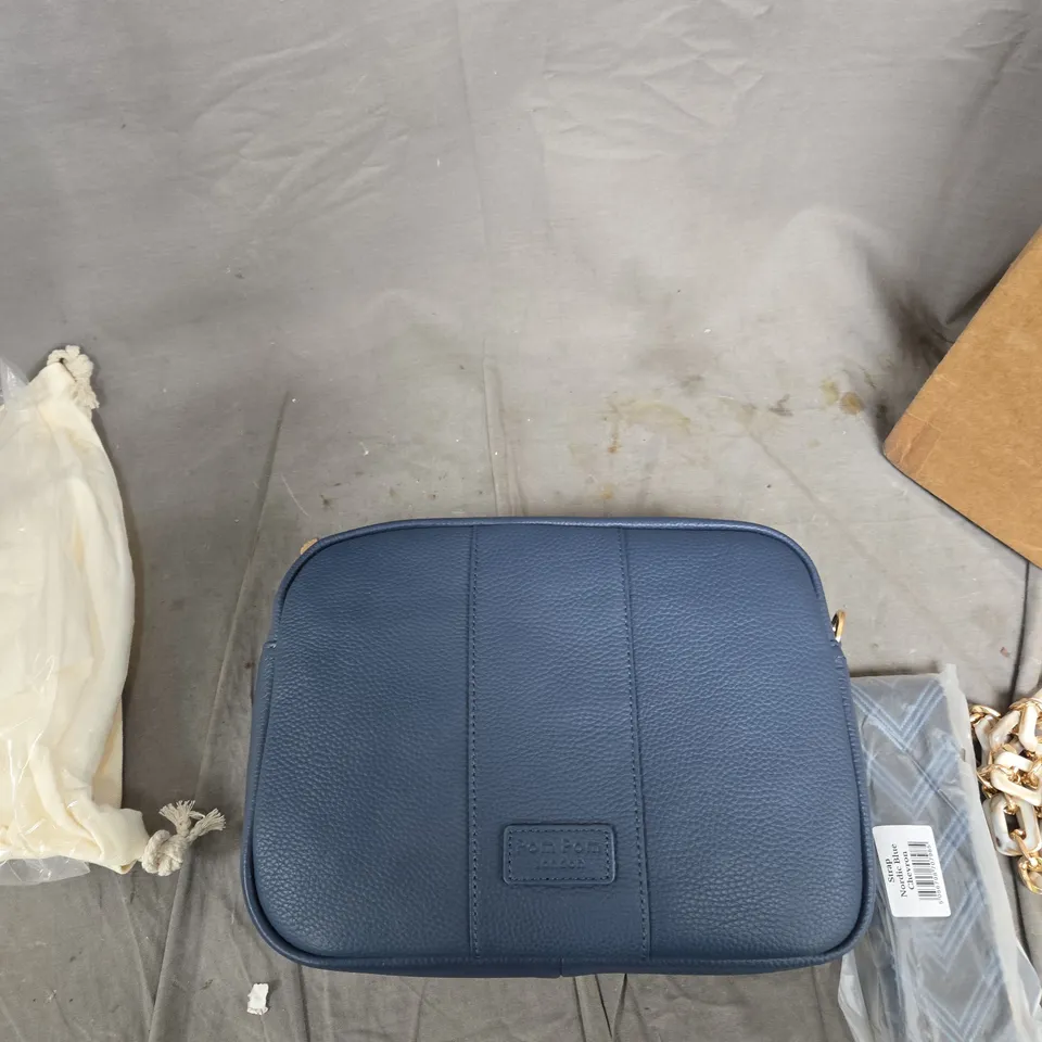 POM POM LONDON NAVY PEBBLE-GRAIN LEATHER CROSSBODY BAG WITH GOLD CHAIN STRAP