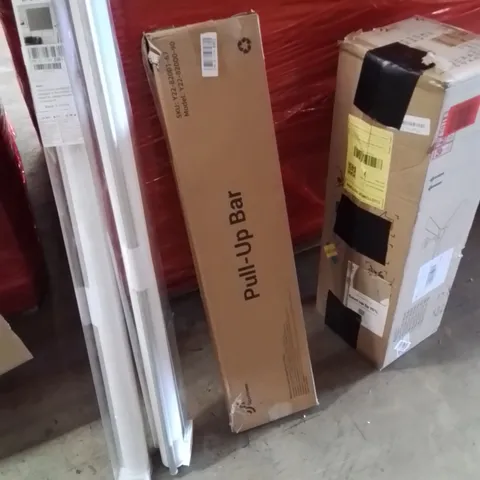PALLET OF ASSORTED HOUSEHOLD GOODS AND PRODUCTS TO INCLUDE; BLINDS, PULL UP BAR, CEILING FAN, BOXED FURNITURE ETC
