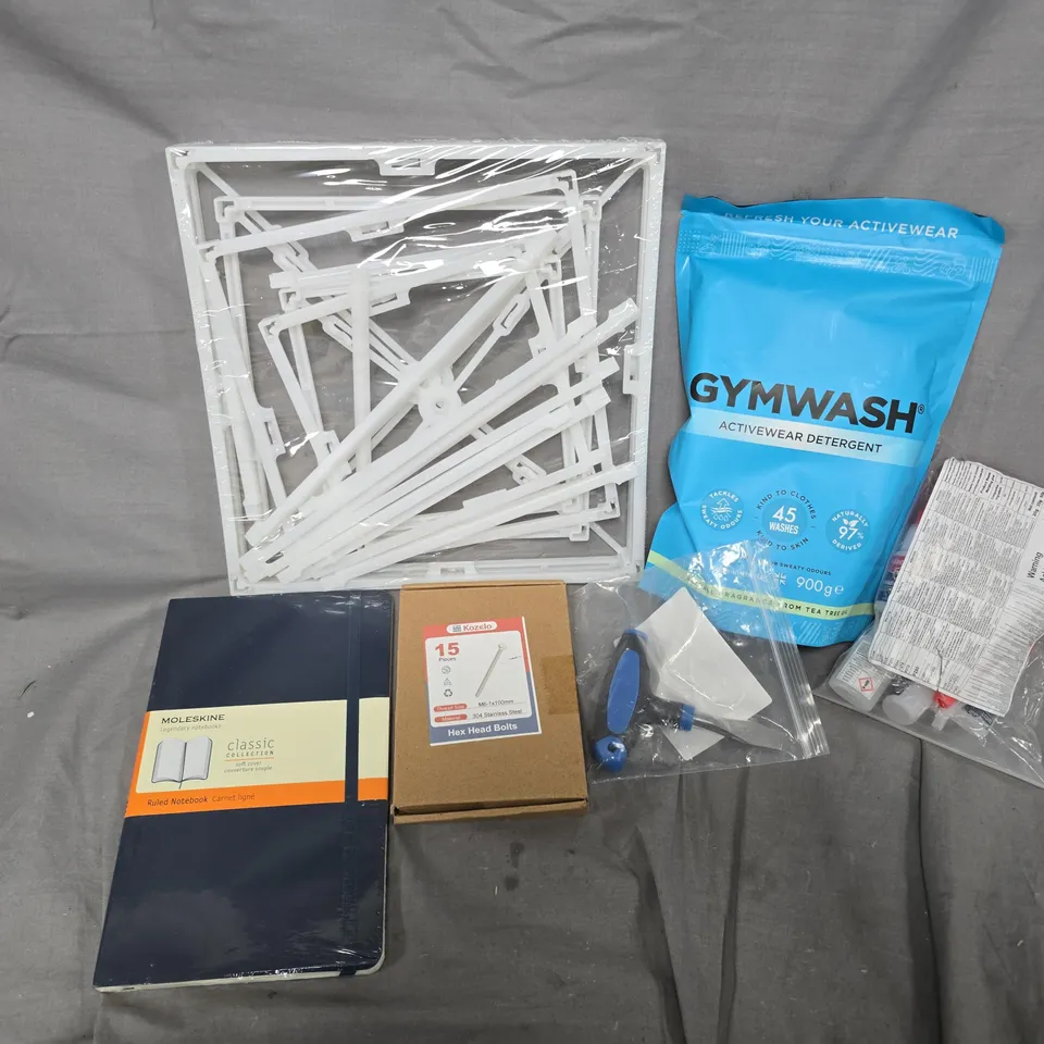 APPROXIMATELY 15 ASSORTED HOUSEHOLD ITEMS TO INCLUDE MOLESKIN RULED NOTEBOOK, HEX HEAD BOLTS, GYMWASH ACTIVEWEAR DETERGENT, ETC