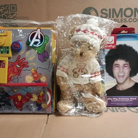 APPROXIMATELY 20 ASSORTED TOYS AND GAMES TO INCLUDE, AFRO WIG, MARVEL STATIONARY, PLUSH TEDDY, ETC - COLLECTION ONLY