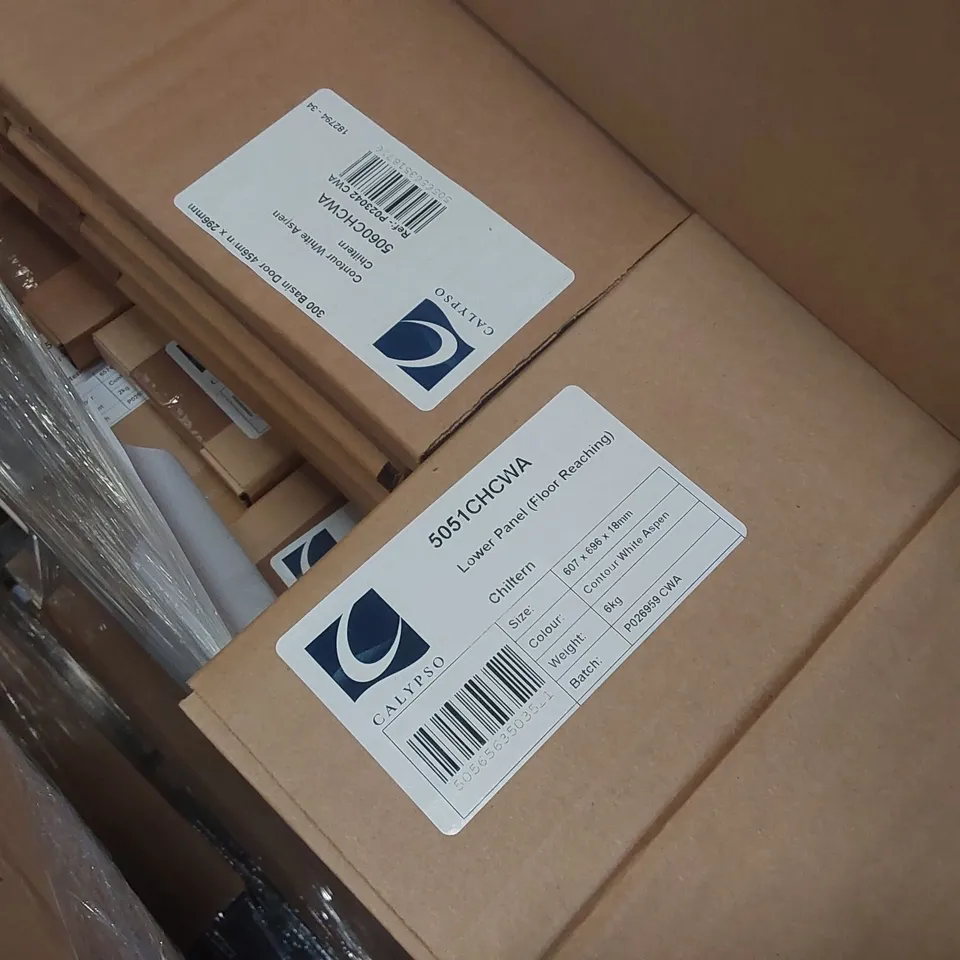 PALLET CONTAINING A LARGE QUANTITY OF ASSORTED BATHROOM FURNITURE PARTS INCLUDING: VANITY CARCASS, TALL WALL END/INFIL PANEL, BASIN DOOR ECT