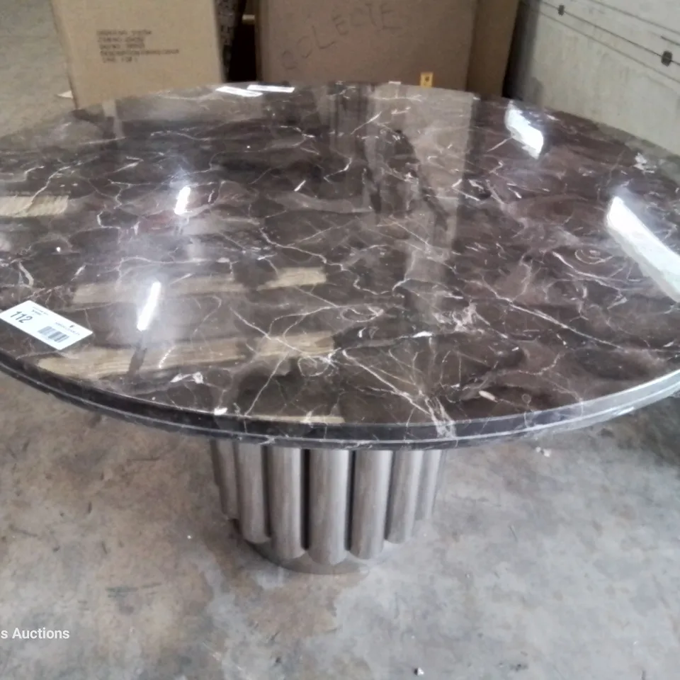 DESIGNER CIRCULAR BLACK MARBLE PEDESTAL DINING TABLE ON CHROME SUPPORT