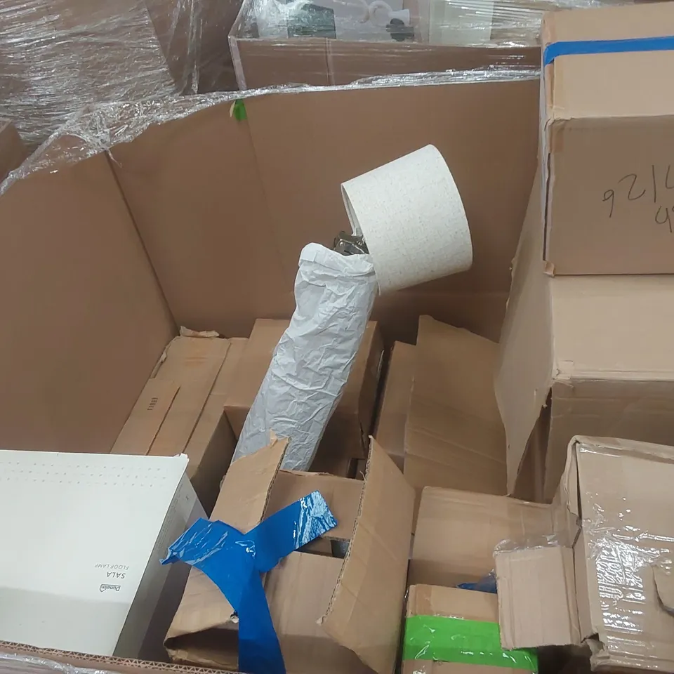 PALLET TO CONTAIN A VERY LARGE QUANTITY OF DESIGNER INDOOR LIGHTING PRODUCTS TO INCLUDE: WALL LIGHT, FLOOR LAMPS, CEILING LIGHTS ECT