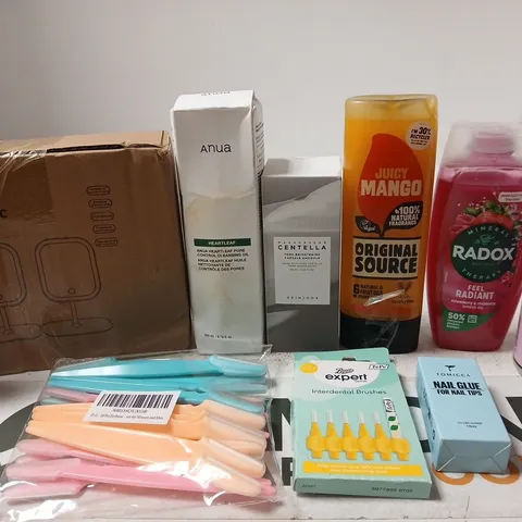 APPROX 12 ASSORTED BEAUTY PRODUCTS TO INCLUDE ANUA CLEANSING OIL, ORIGINAL SOURCE SHOWER GEL, RADOX SHOWER GEL, ETC