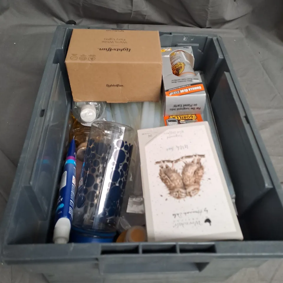 TOTE OF APPROX 20 HOUSEHOLD ITEMS TOO INCLUDE PAINT , GLUE , BOTTLE , ETC 