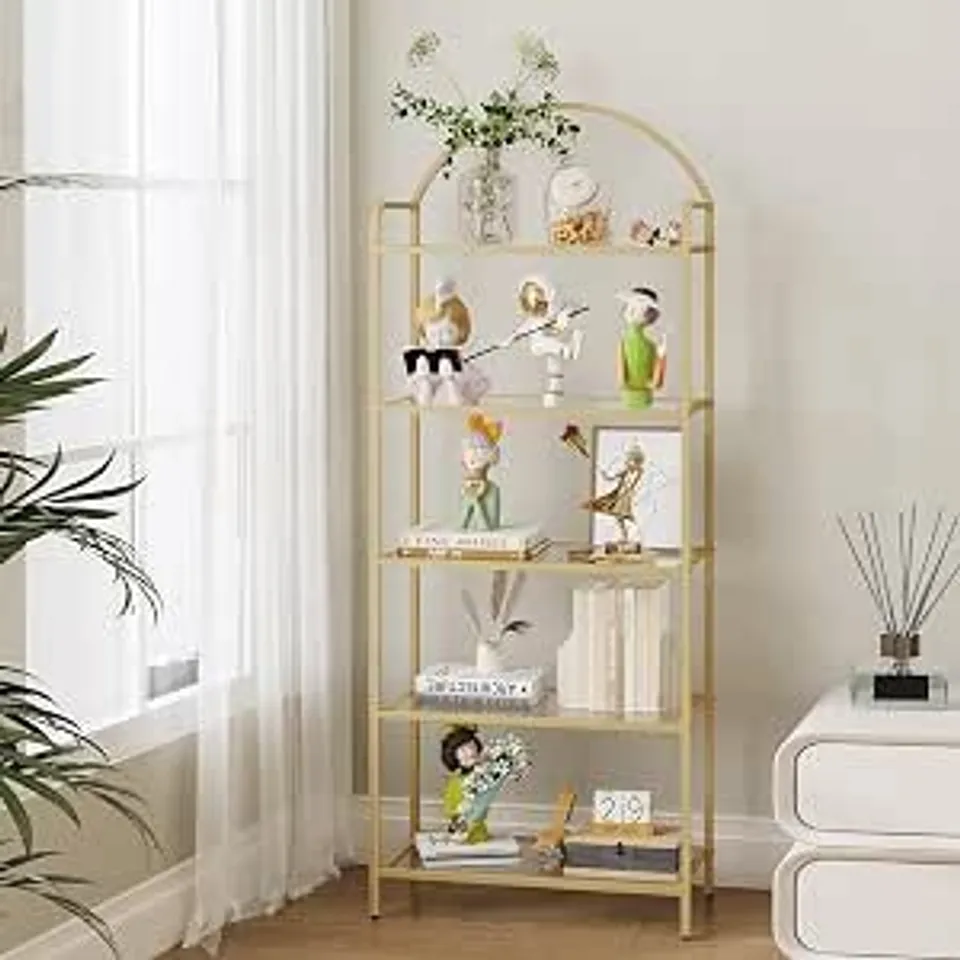 BOXED HZUANERI 5 TIER BOOKCASE BOOKSHELF, TEMPERED GLASS, METAL FRAME 30×60×150 CM