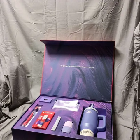 COLGATE MAX WHITE PURPLE SERUM PROMOTIONAL BOX INCLUDING STANLEY TUMBLER, COLGATE PRODUCTS, ETC