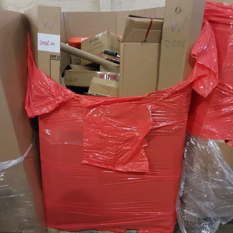 PALLET TO CONTAIN ASSORTED HOUSEHOLD ITEMS AND CONSUMER PRODUCTS. INCLUDING AIR FRYER, BLIND, BOXED FURNITURE ETC